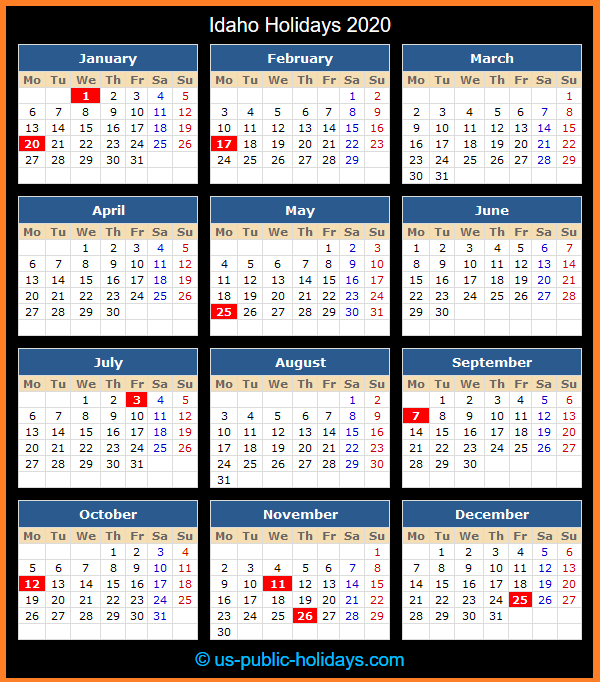 Idaho Holiday Calendar 2020